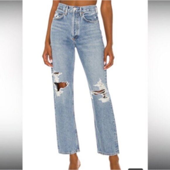 Agolde 90's Mid Rise Loose Wander Light Wash Destroyed Crop Size 24 - Picture 2 of 13